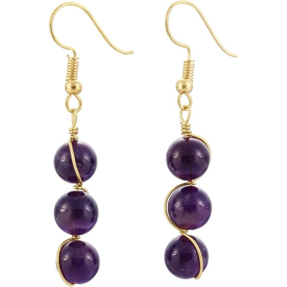Purple Wire Wrapped Triple Ball Beaded Dangle Trendy Hook Earrings for Ladies - Picture 1 of 4